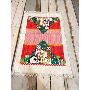 Vintage Cannon Christmas Cats Hand Towel Holiday Fringe Red White Green 16x25